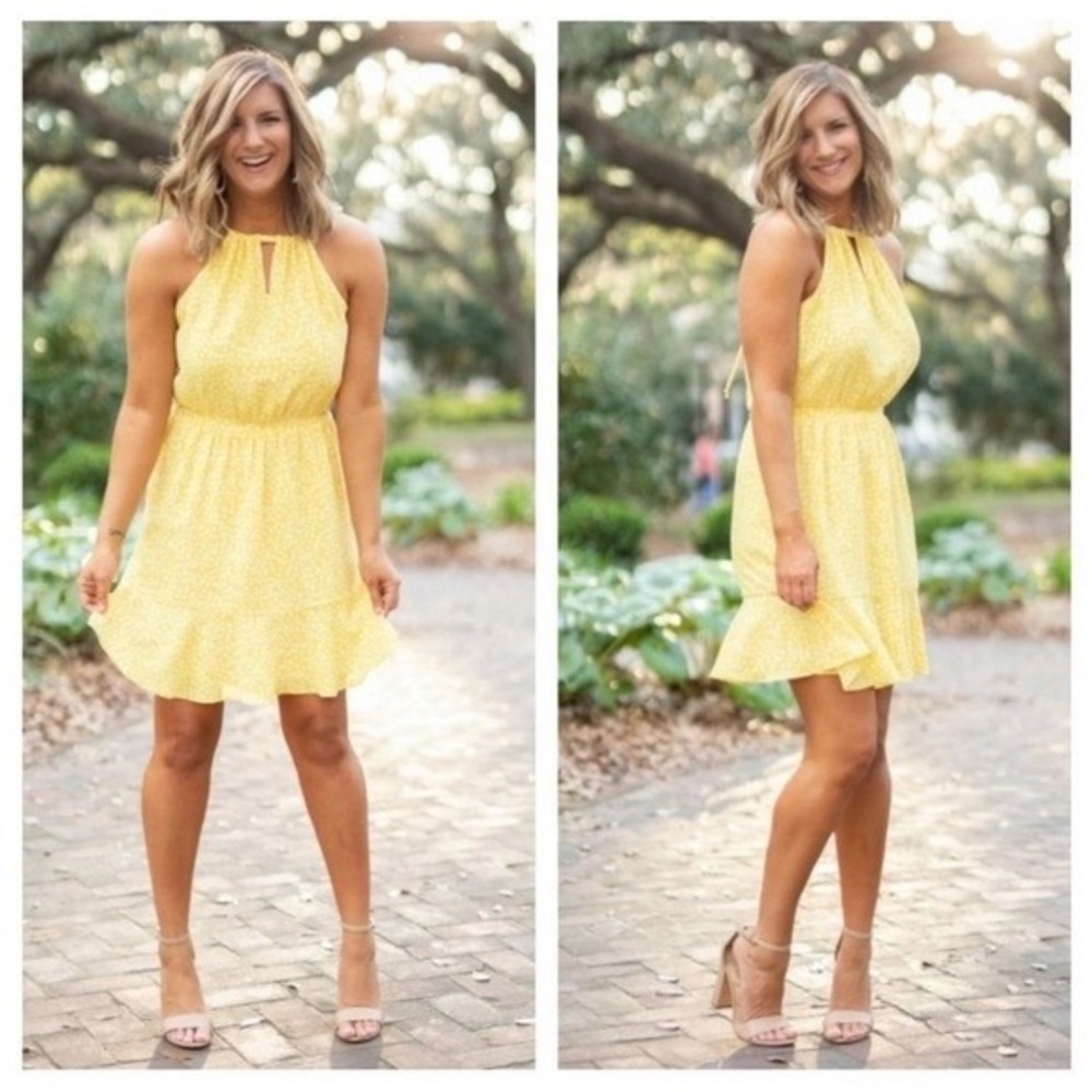 Gibson Yellow White Polka Dot Halter Ruffle Mini Dress PCP8104 Small